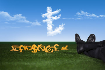 Rich and successful businessman is sitting with money on grass