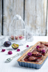 Homemade chocolate and coconut cake with plums