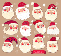 Holiday vector collection with the Santa Clauses for Christmas and New Year decoration