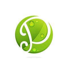 P letter with green leaves and dew drops.
