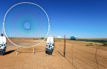 U.S.A. Arizona, Meteor City, Native American symbols in a roadside attrction on the Route 66