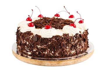 Fotobehang Black forest cake decorated with whipped cream and cherries © torriphoto