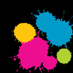Four different color splatter grunge shapes on a black background