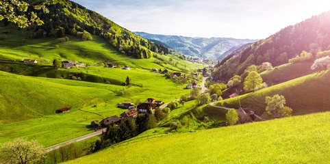 Scenic panorama view of a picturesque mountain village in Germany, Muenstertal, Black Forest. High-resolution summer vacation and ecology background. - 93125097