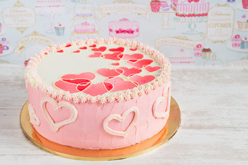 Pink valentine cake with hearts