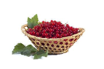 Red currant berries in a basket with green leaves isolated on wh