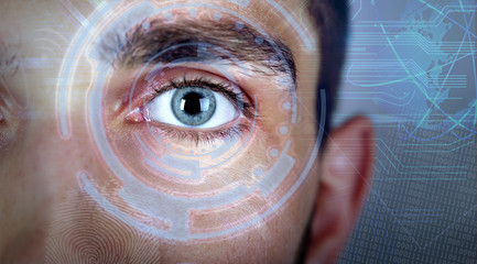 Human eye viewing digital information. Cyber technology concept