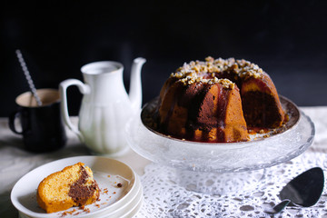 Marble bundt cake with caramel and nuts, gugelhupf holiday treat