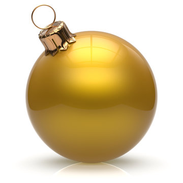 New Year's Eve Christmas ball bauble wintertime decoration yellow sphere hanging adornment classic. Traditional winter ornament happy holidays Merry Xmas event symbol glossy blank. 3d render isolated