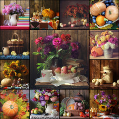 Collage from still lifes with autumn flowers and fruits.