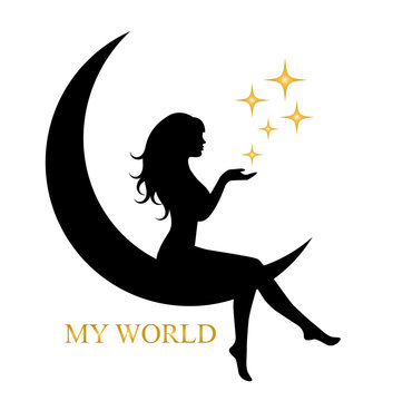 pretty silhouette of a girl with long hair sitting on the moon and holding a star