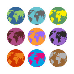 Set of color atlases. Multicolored map of Earth. World continent