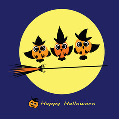 Halloween vector illustration - Owl Witches flying on broom. Cute Owls wearing witch hat, broom stick, full moon. Flat silhouettes Halloween card, flyer, wallpaper. Eps 10. Isolated on white.