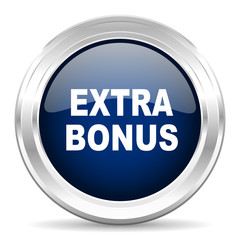 extra bonus cirle glossy dark blue web icon on white background