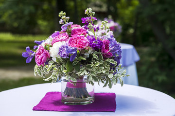 Fine Banquet Table Setting With Bouquet. Selective focus