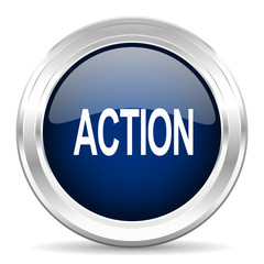 action cirle glossy dark blue web icon on white background