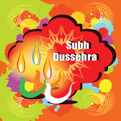 Dussehra vector greeting card - Subh Dussehra (Happy Dussehra) text on red classic label. Oil lantern, gold paisleys ornament, color splashes, orange and green. Vector background for indian festival.