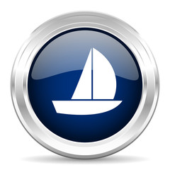 yacht cirle glossy dark blue web icon on white background