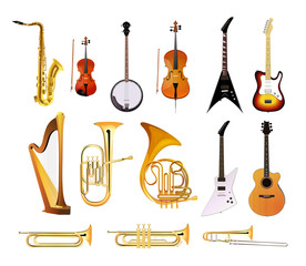 Fototapeta premium Orchestra Musical Instruments isolated on white background, Vector Illustrations of blues, rock and jazz instruments
