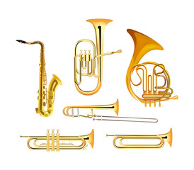 Brass Wind Orchestra Musical Instruments isolated on white, Vector Illustrations