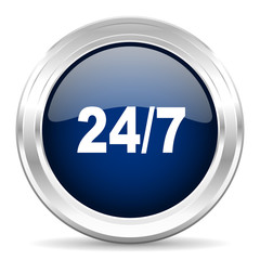 24/7 cirle glossy dark blue web icon on white background