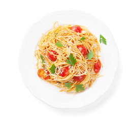 Spaghetti pasta with tomatoes and parsley