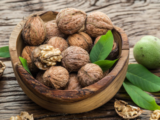 Walnuts in the wooden bowl.