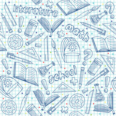 Vector school supplies pattern, hand drawn blue repeatable graphic school objects background