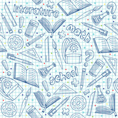 Obraz premium Vector school supplies pattern, hand drawn blue repeatable graphic school objects background