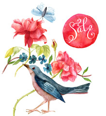 Vintage 'Sale' design with watercolor bird, roses and butterfly