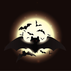 Flying Bats in Shining Full Moon Night, Vector Illustration