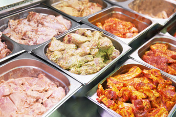meat showcase in food supermarket