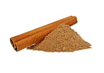 Cinnamon stick and powder on white background