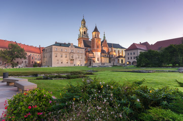 Fototapeta na wymiar Morning view of the Wawel cathedral and Wawel castle on the Wawel Hill, Krakow, Poland.