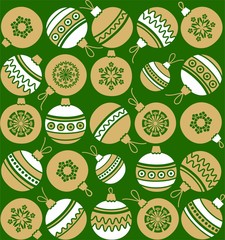 Christmas balls, gold, white, green background, seamless. 