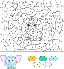 Color by number educational game for kids. Cartoon elephant. Vec