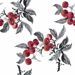 Watercolor garden rowan plant seamless pattern 