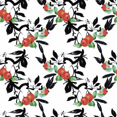 Watercolor garden rowan plant seamless pattern 