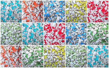 Collage made of various colors ceramic tiles broken pieces pictures.