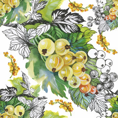 Seamless watercolor pattern with leafs and berries