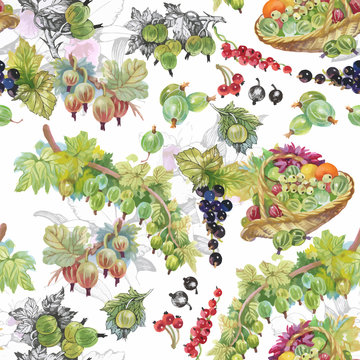 Seamless watercolor pattern with leafs and berries