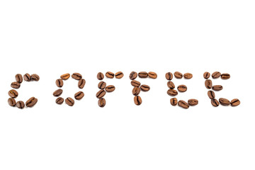 Word coffee made from coffee beans isolated on a white background