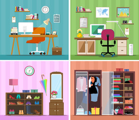Set of colorful vector interior design house rooms with furniture icons: working place with computer, modern home office, wardrobe with clothes and shoes and corridor. Flat style vector illustration.