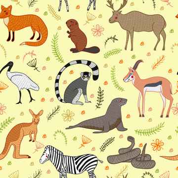 Seamless pattern with cartoon cute Animals vector set. Isolated vector illustration hand-drawn style. Zebra, fox, beaver, antelope, ibis, elk, lemur, sea lion, kangaroo, rattlesnake