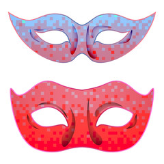 Vector carnival mask set for man and woman with abstract ombre pixel art background