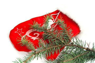 red mitten of Santa Claus and fir branch