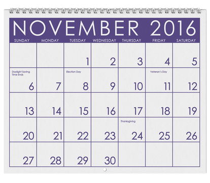 2016 Calendar: Month Of November With Thanksgiving