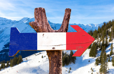 France Flag wooden sign with winter background