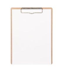 Brown clipboard with blank paper isolated on white background