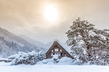 Shirakawago with Sun Snow